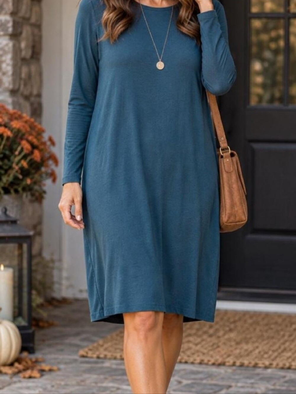 EILEEN FISHER Teal Blue Long-Sleeve Midi Dress Jersey Size Large